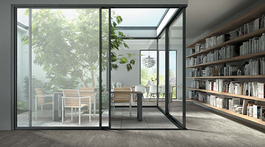 Salon avec carrelage gris
